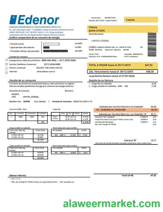 Argentina Edenor easy to fill utility bill template in Word (.doc) and PDF (.pdf) format